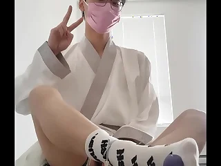 asian hanfu sissy femboy twink white socks kneeling anal and huge cumshot